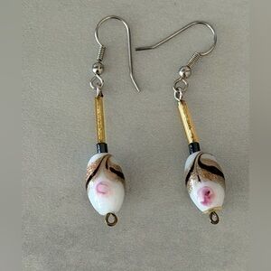 Handcrafted Italian Glass and Bead Earrings, White, Pink, Bronze Shimmer/Gold